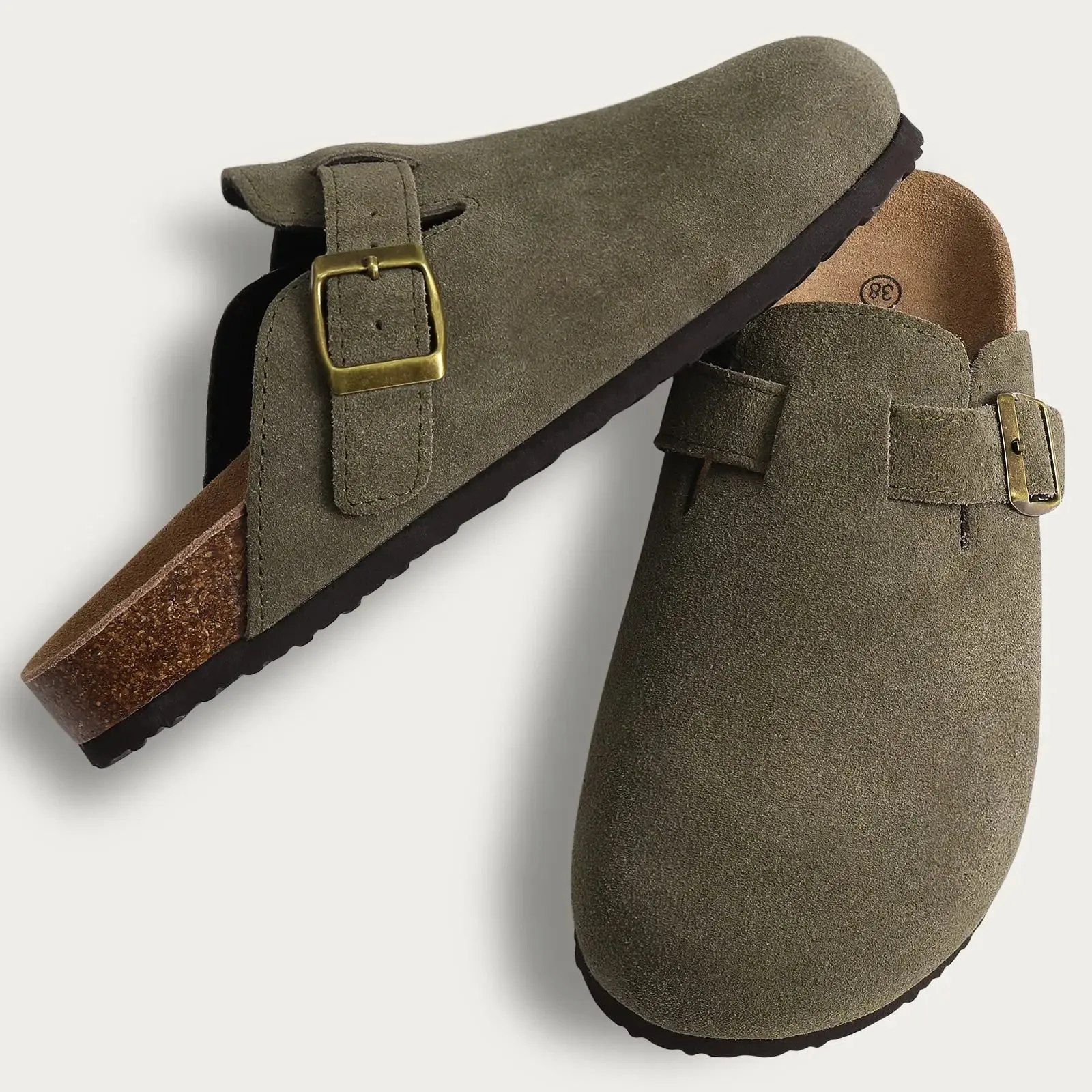 Suede Clogs - Mules with Cork Footbed, Arch Support, Fashionable Non-Slip Outdoor Beach Slippers, Home Shoes for Women
