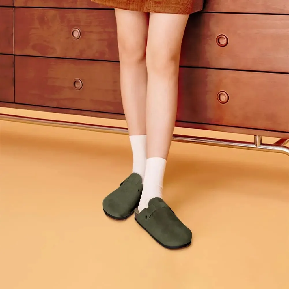 Suede Clogs - Mules with Cork Footbed, Arch Support, Fashionable Non-Slip Outdoor Beach Slippers, Home Shoes for Women