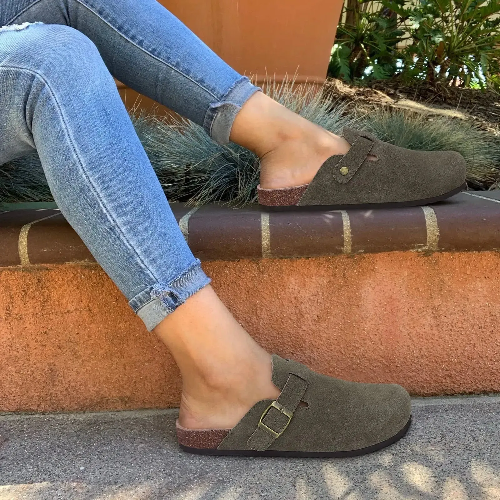 Suede Clogs - Mules with Cork Footbed, Arch Support, Fashionable Non-Slip Outdoor Beach Slippers, Home Shoes for Women