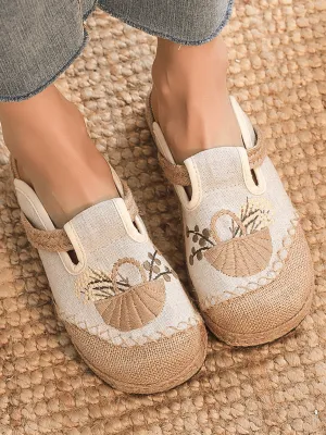 Summer Picnic Embroidered Linen Mule - Beige