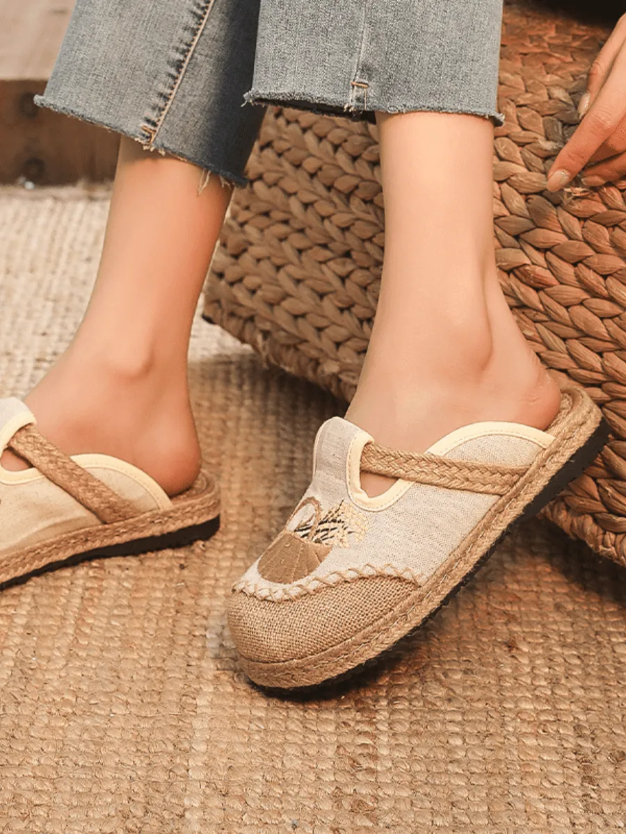Summer Picnic Embroidered Linen Mule - Beige