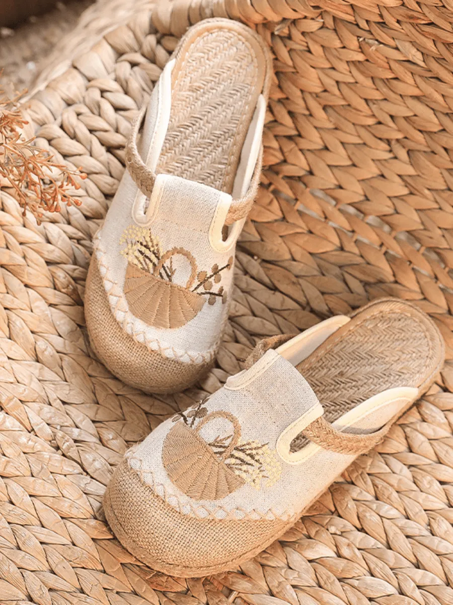 Summer Picnic Embroidered Linen Mule - Beige