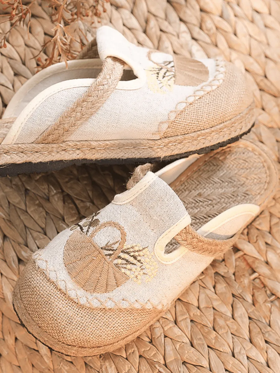 Summer Picnic Embroidered Linen Mule - Beige