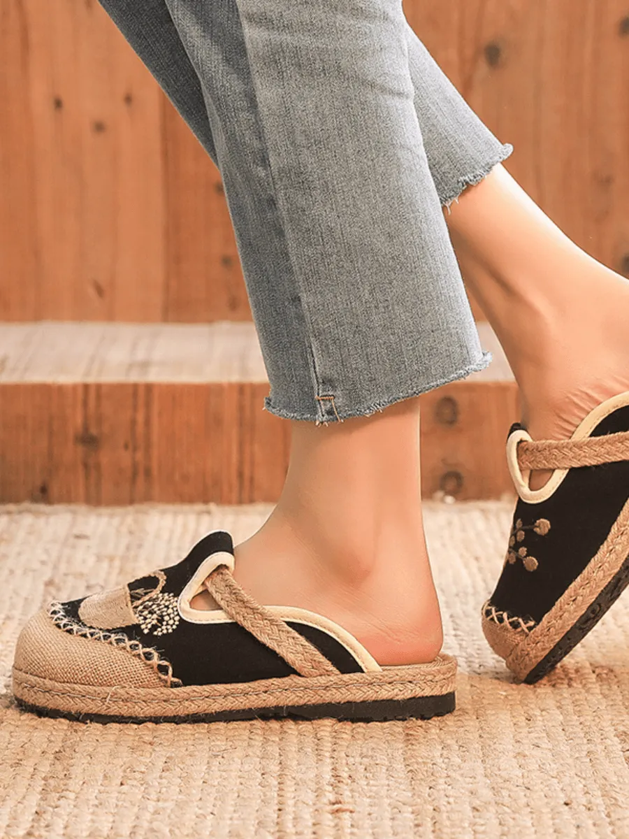 Summer Picnic Embroidered Linen Mule - Black