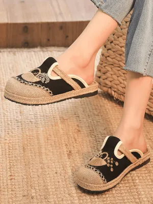 Summer Picnic Embroidered Linen Mule - Black