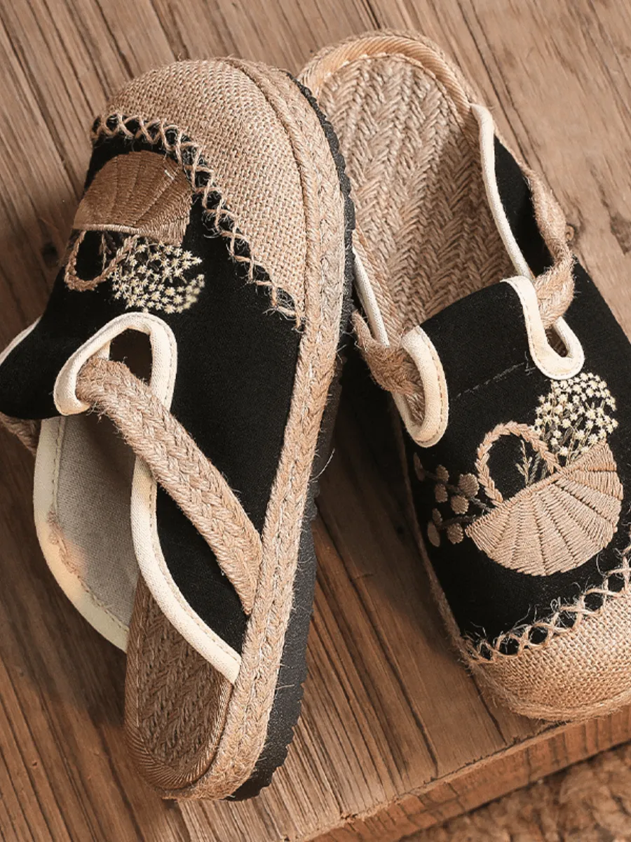 Summer Picnic Embroidered Linen Mule - Black