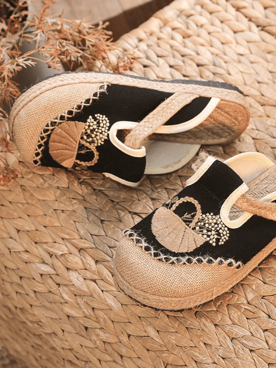 Summer Picnic Embroidered Linen Mule - Black
