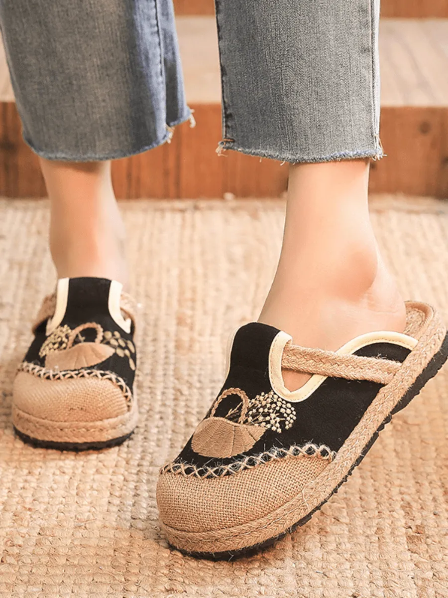 Summer Picnic Embroidered Linen Mule - Black