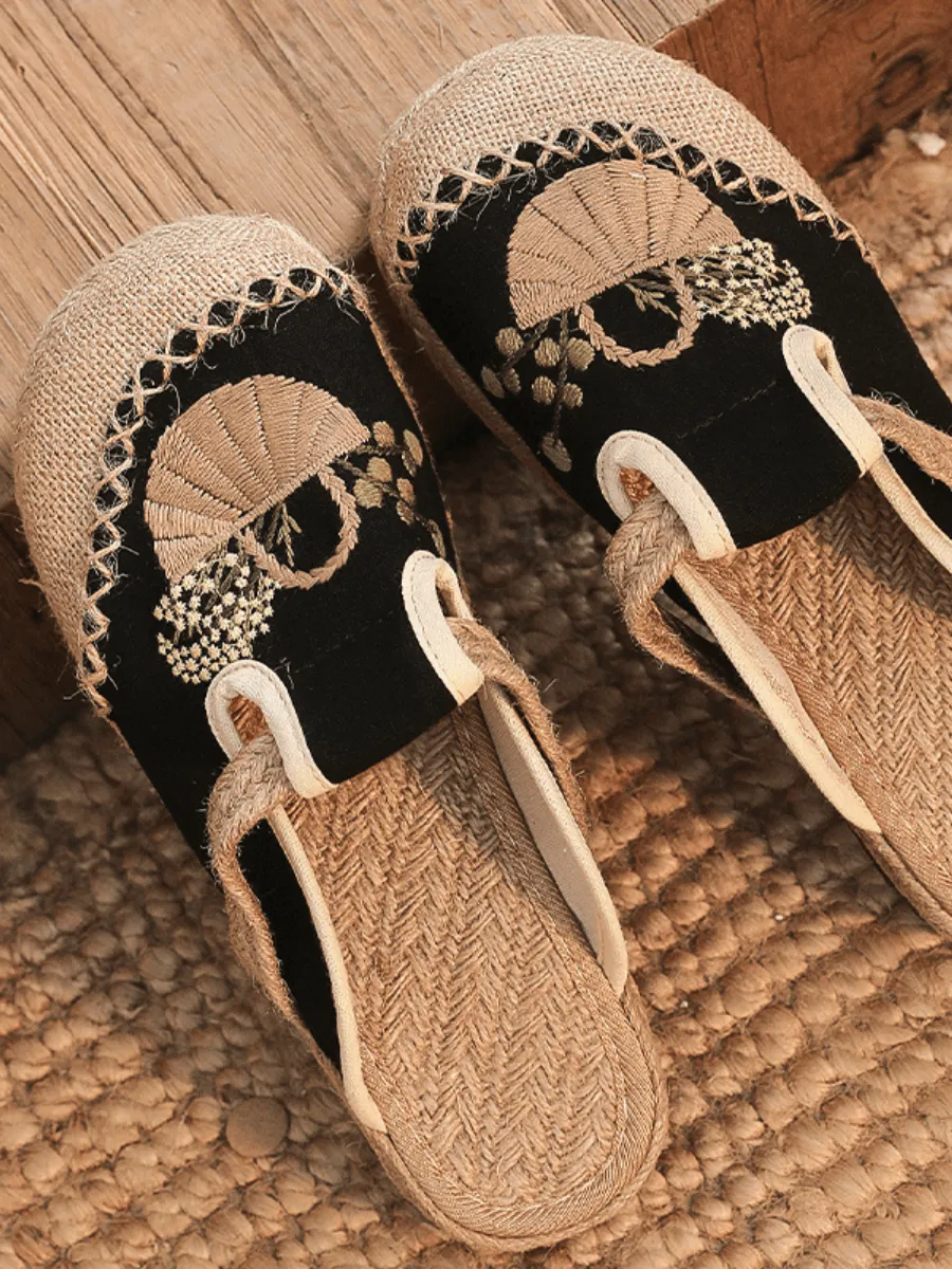 Summer Picnic Embroidered Linen Mule - Black