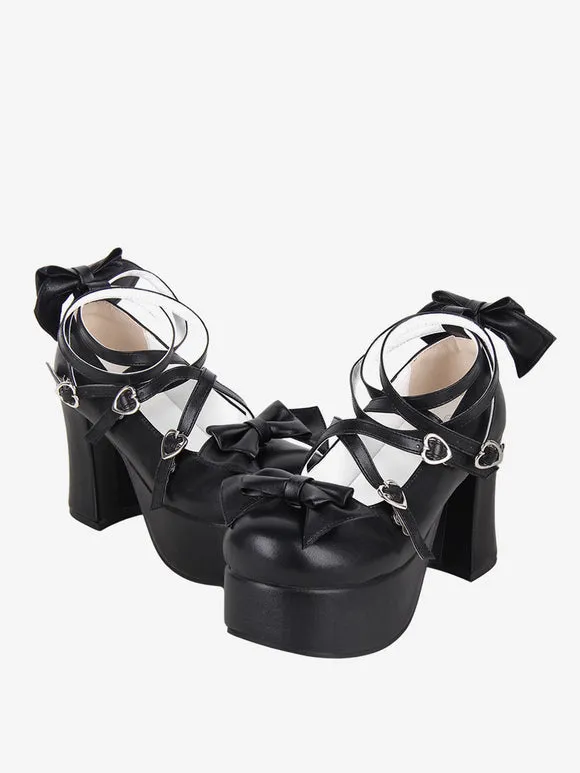 Sweet Lolita Footwear Black Bow Bows Round Toe PU Leather Lolita Shoes