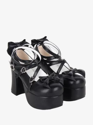 Sweet Lolita Footwear Black Bow Bows Round Toe PU Leather Lolita Shoes