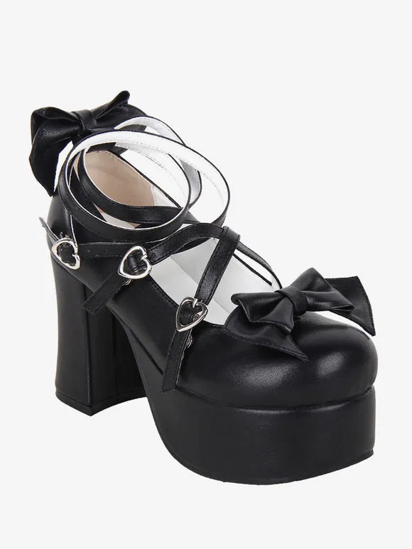 Sweet Lolita Footwear Black Bow Bows Round Toe PU Leather Lolita Shoes