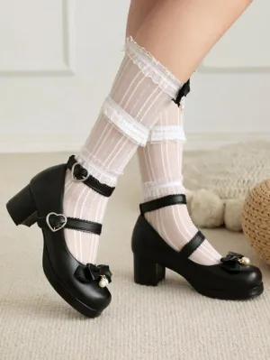 Sweet Lolita Footwear Black Bows Round Toe PU Leather Lolita Pumps