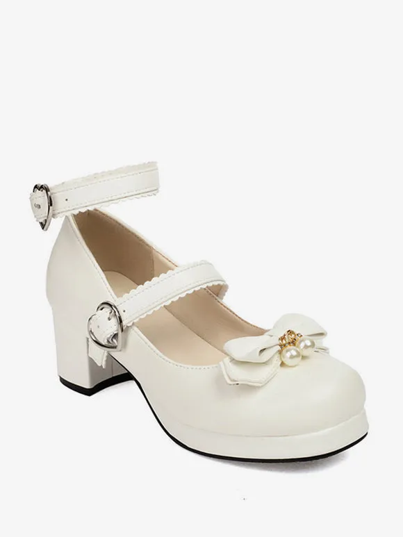 Sweet Lolita Footwear Black Bows Round Toe PU Leather Lolita Pumps