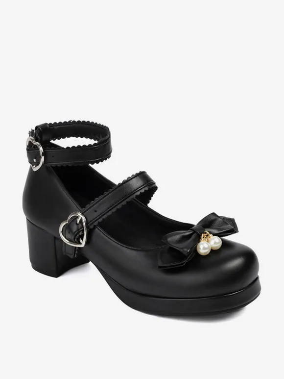 Sweet Lolita Footwear Black Bows Round Toe PU Leather Lolita Pumps