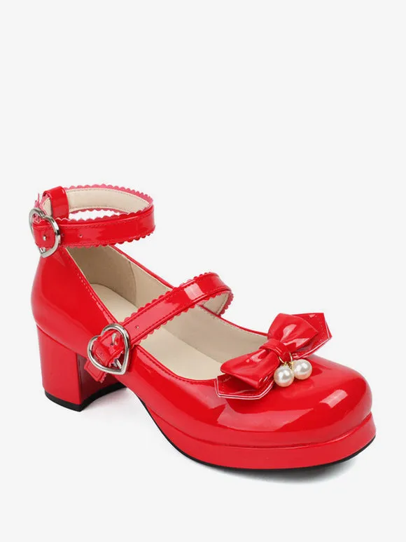 Sweet Lolita Footwear Black Bows Round Toe PU Leather Lolita Pumps