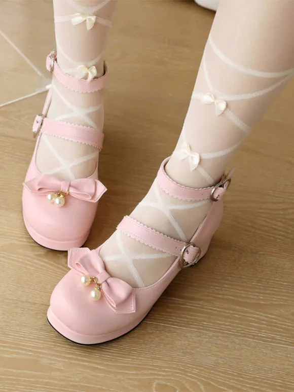 Sweet Lolita Footwear Black Bows Round Toe PU Leather Lolita Pumps