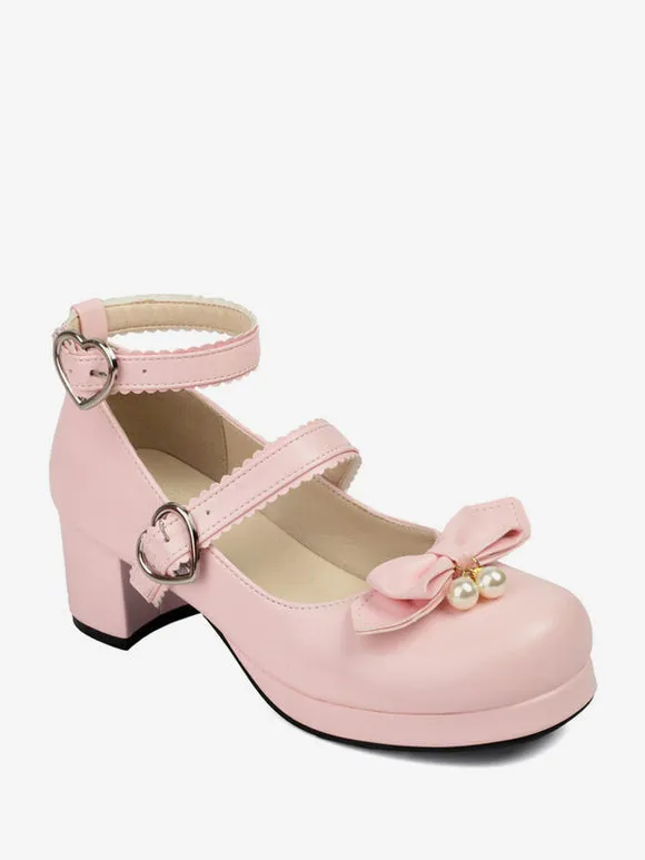 Sweet Lolita Footwear Black Bows Round Toe PU Leather Lolita Pumps