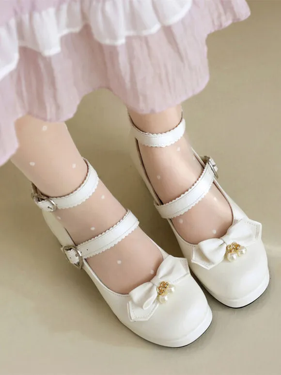 Sweet Lolita Footwear Black Bows Round Toe PU Leather Lolita Pumps