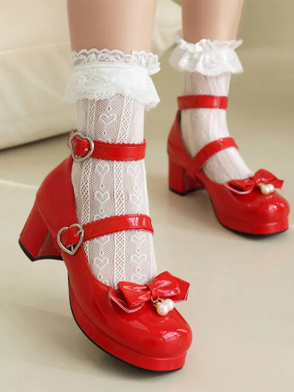 Sweet Lolita Footwear Black Bows Round Toe PU Leather Lolita Pumps