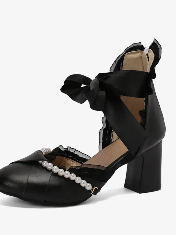 Sweet Lolita Footwear Pink Bows Pearls Ruffles PU Leather Chunky Heel Lolita Pumps