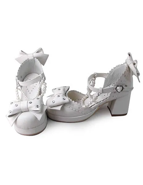 Sweet Lolita Heels Heels Shoes Square Heels with Bows and Pearls