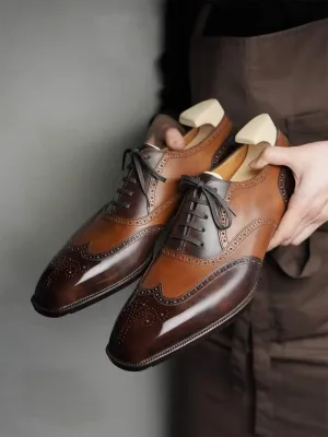 Tan and Brown Leather Cedara Brogue Wingtip Oxfords - Formal Shoes