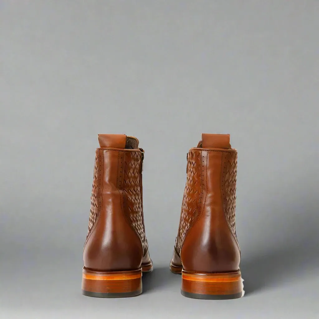 Tan Leather Braided Barletta Lace Up Brogue Wingtip Oxford Boots - Boots