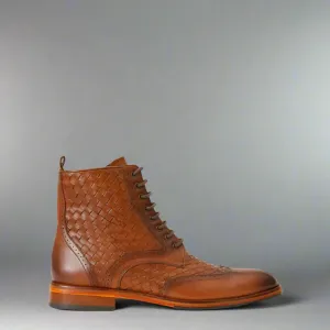 Tan Leather Braided Barletta Lace Up Brogue Wingtip Oxford Boots - Boots