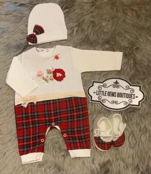 Tartan Romper, Shoes and Hat Set - 6-9M