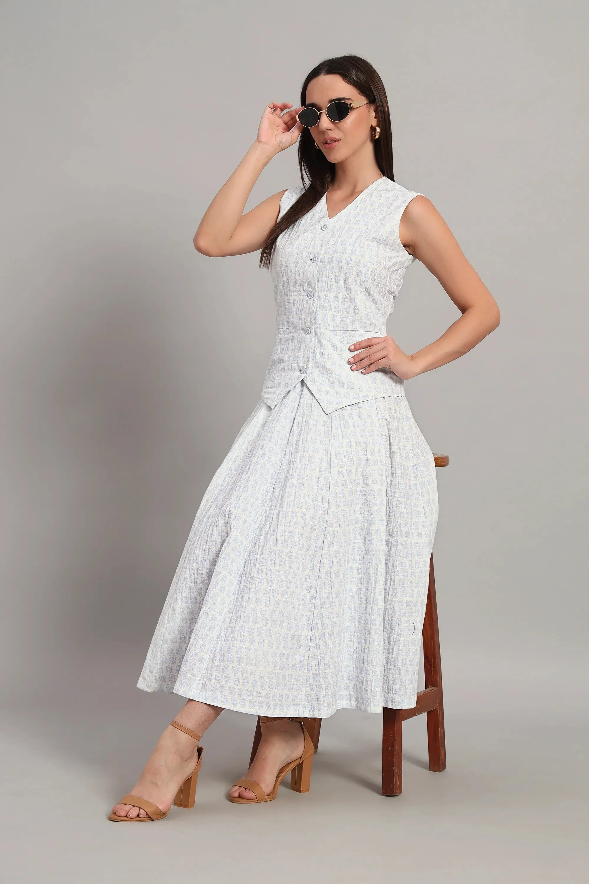 The Classic Waistcoat & Skirt Set, Printed Sky Blue
