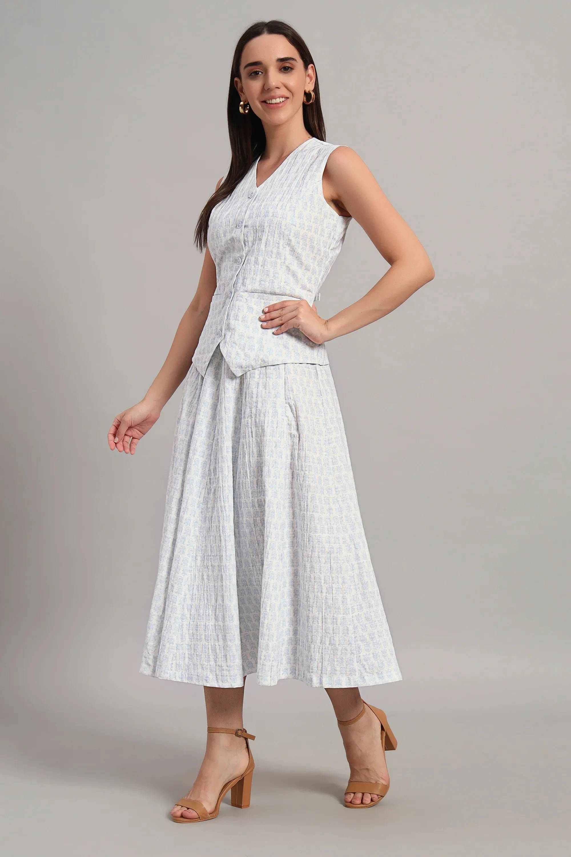 The Classic Waistcoat & Skirt Set, Printed Sky Blue