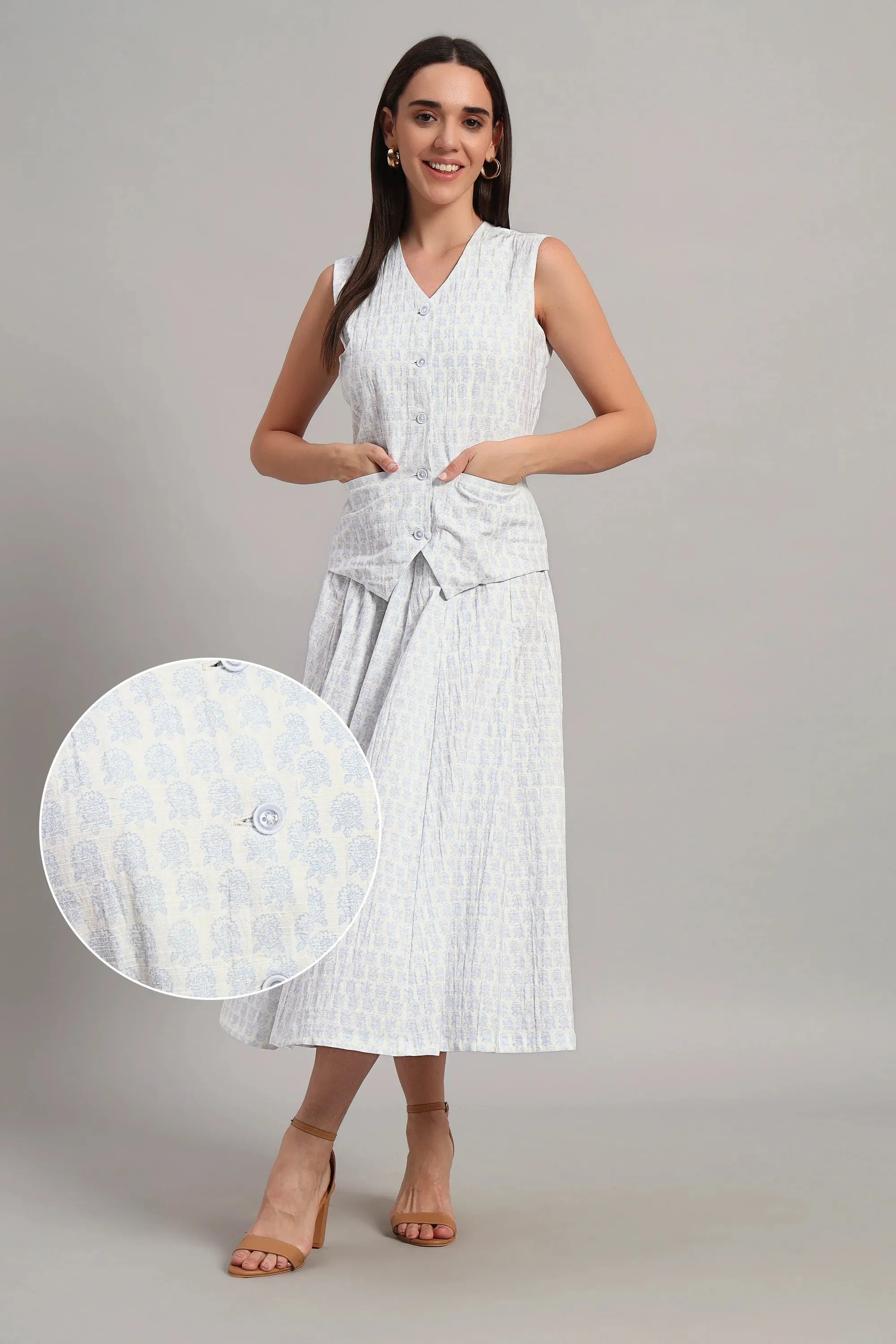 The Classic Waistcoat & Skirt Set, Printed Sky Blue