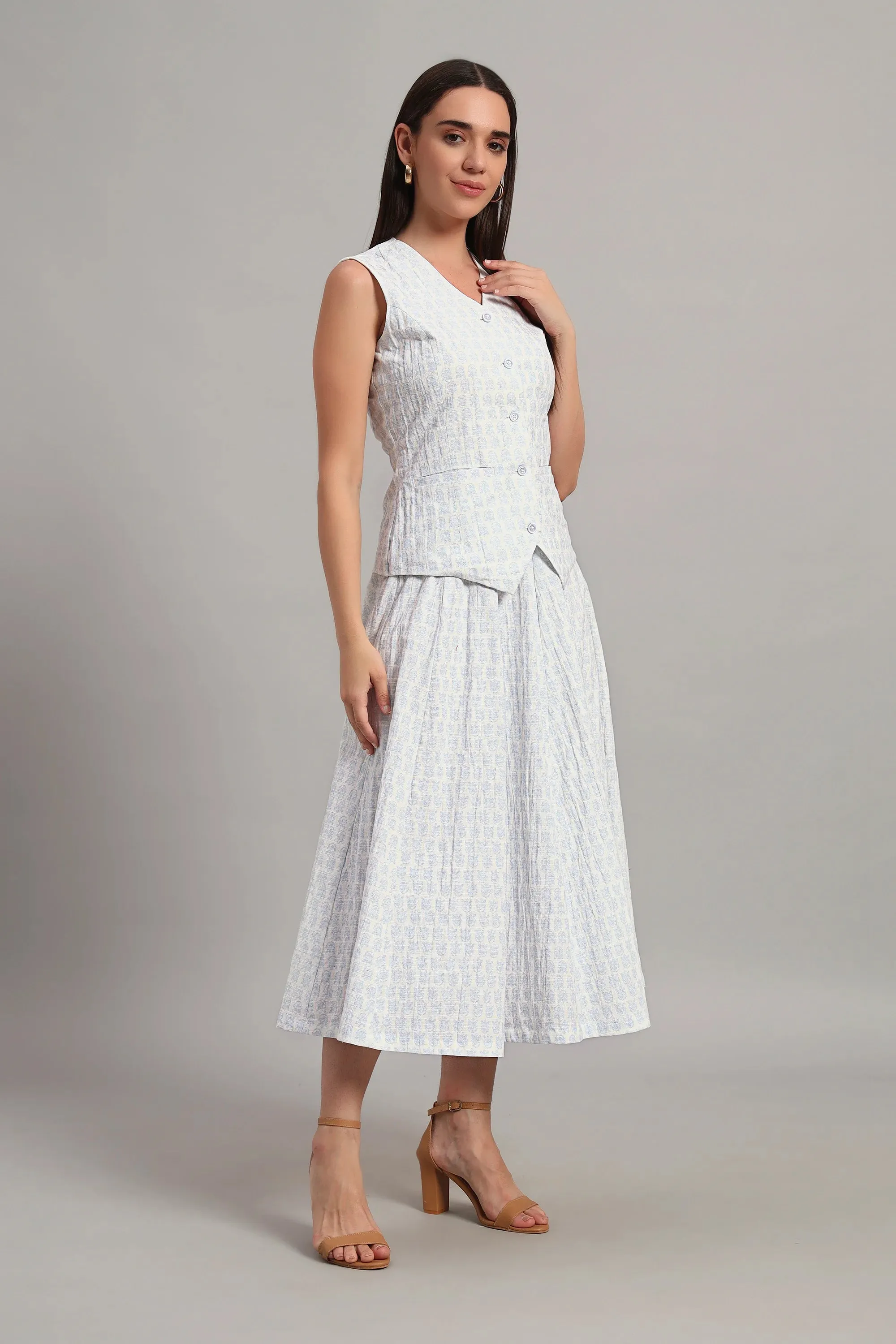 The Classic Waistcoat & Skirt Set, Printed Sky Blue