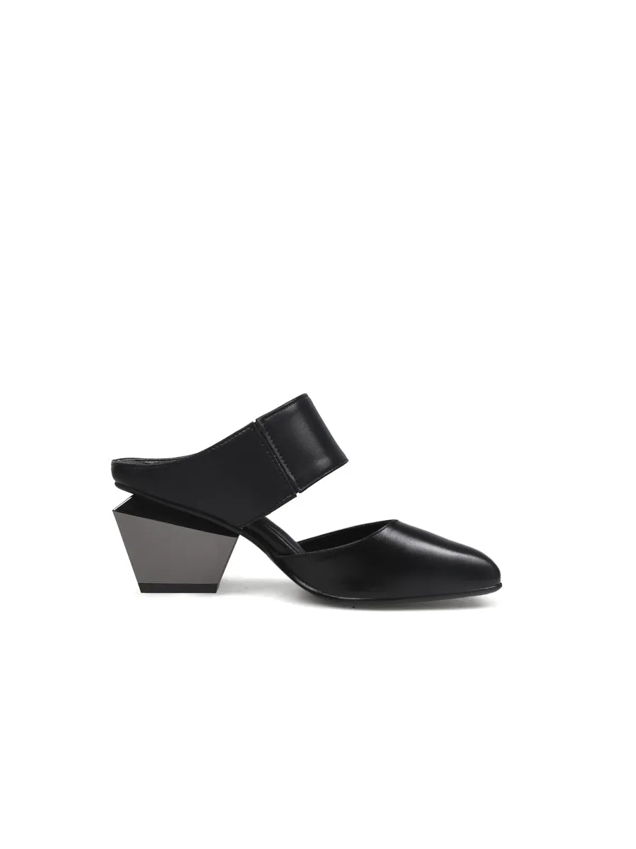 Tina Geometric Heel Black Leather Sandal