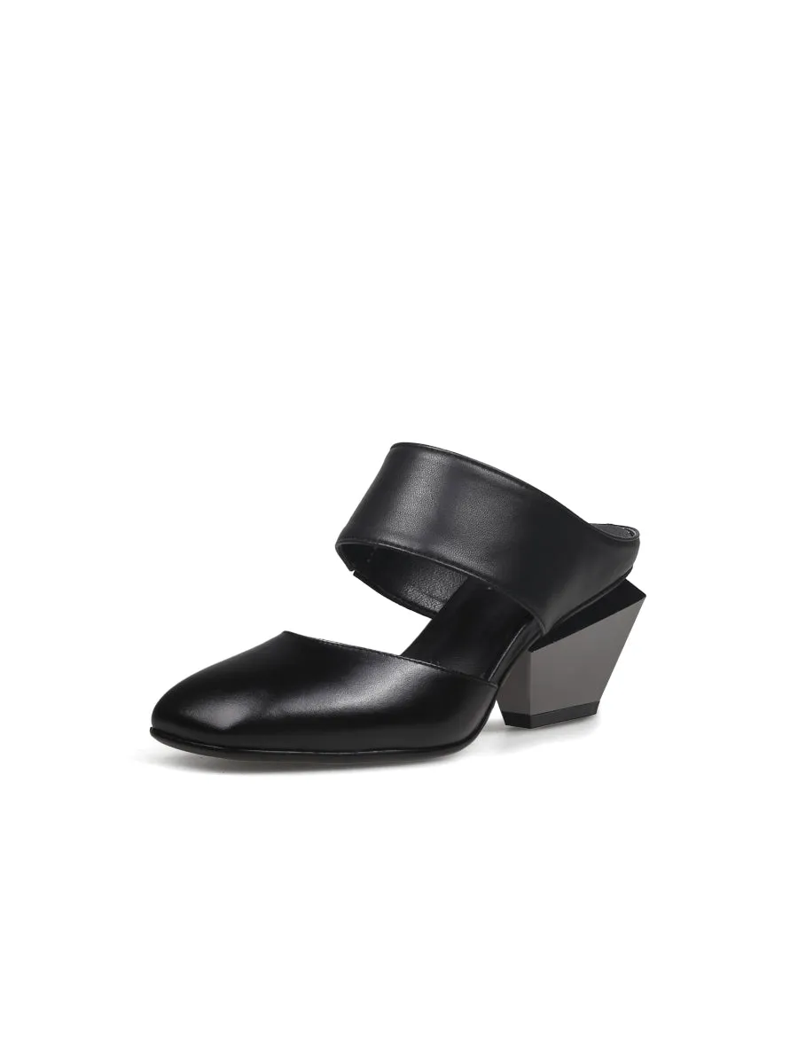 Tina Geometric Heel Black Leather Sandal