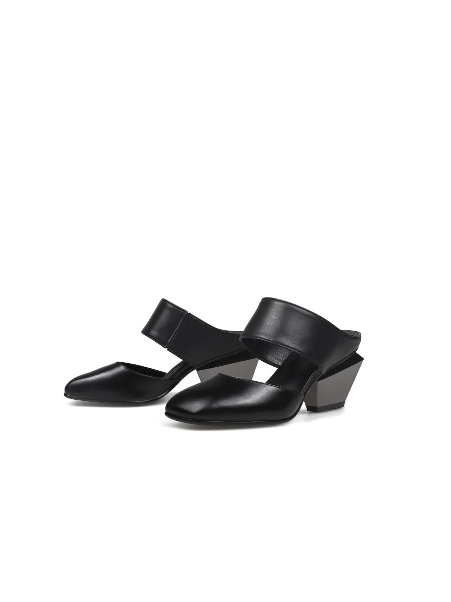 Tina Geometric Heel Black Leather Sandal