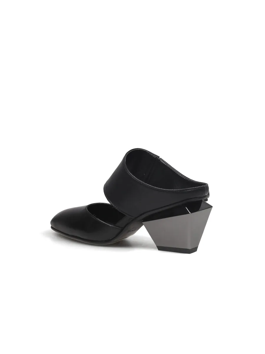 Tina Geometric Heel Black Leather Sandal