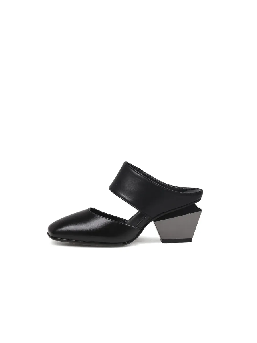 Tina Geometric Heel Black Leather Sandal