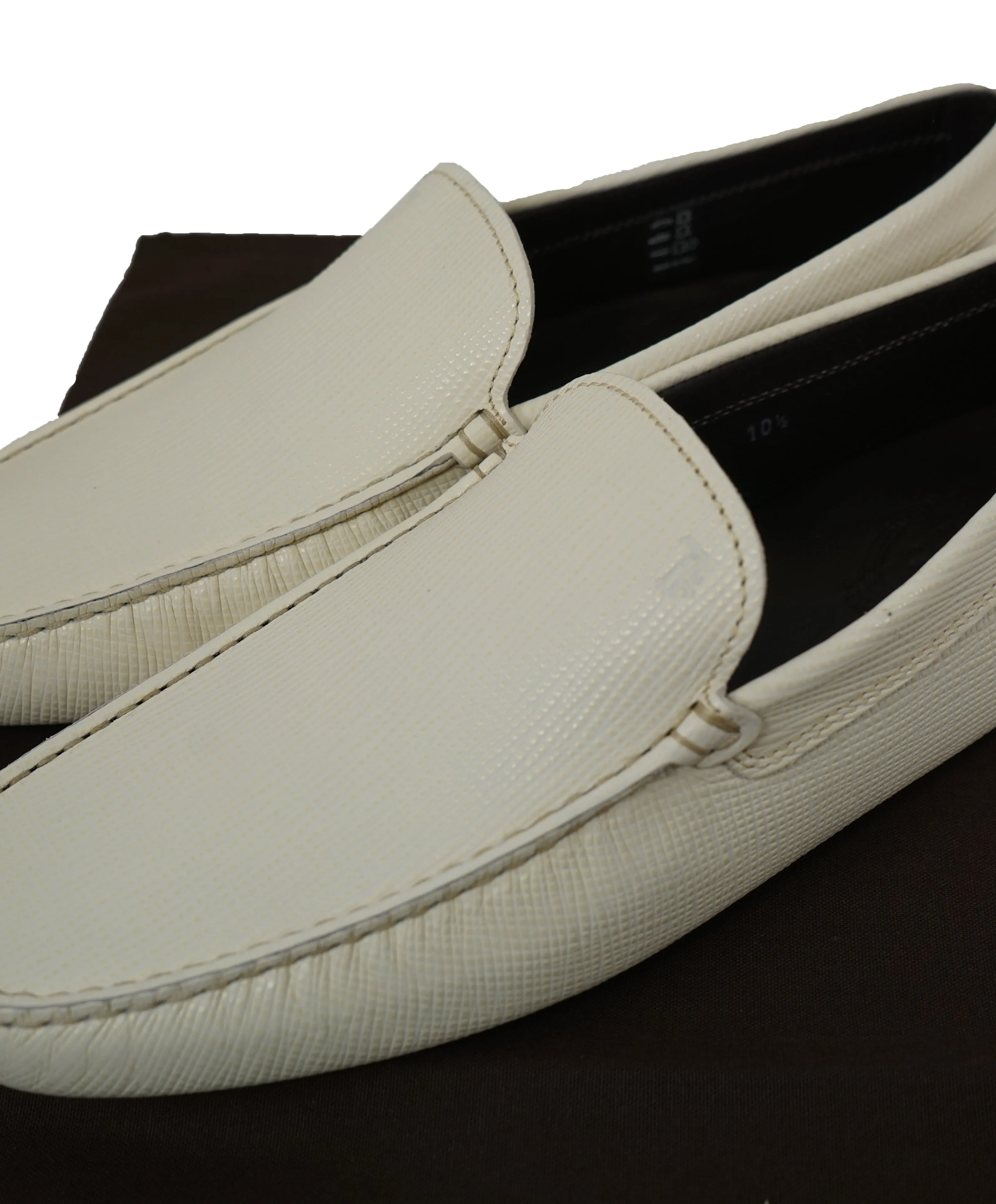 TOD’S - Off White Textured Logo Vamp Leather “Gommini” Loafers- 11.5