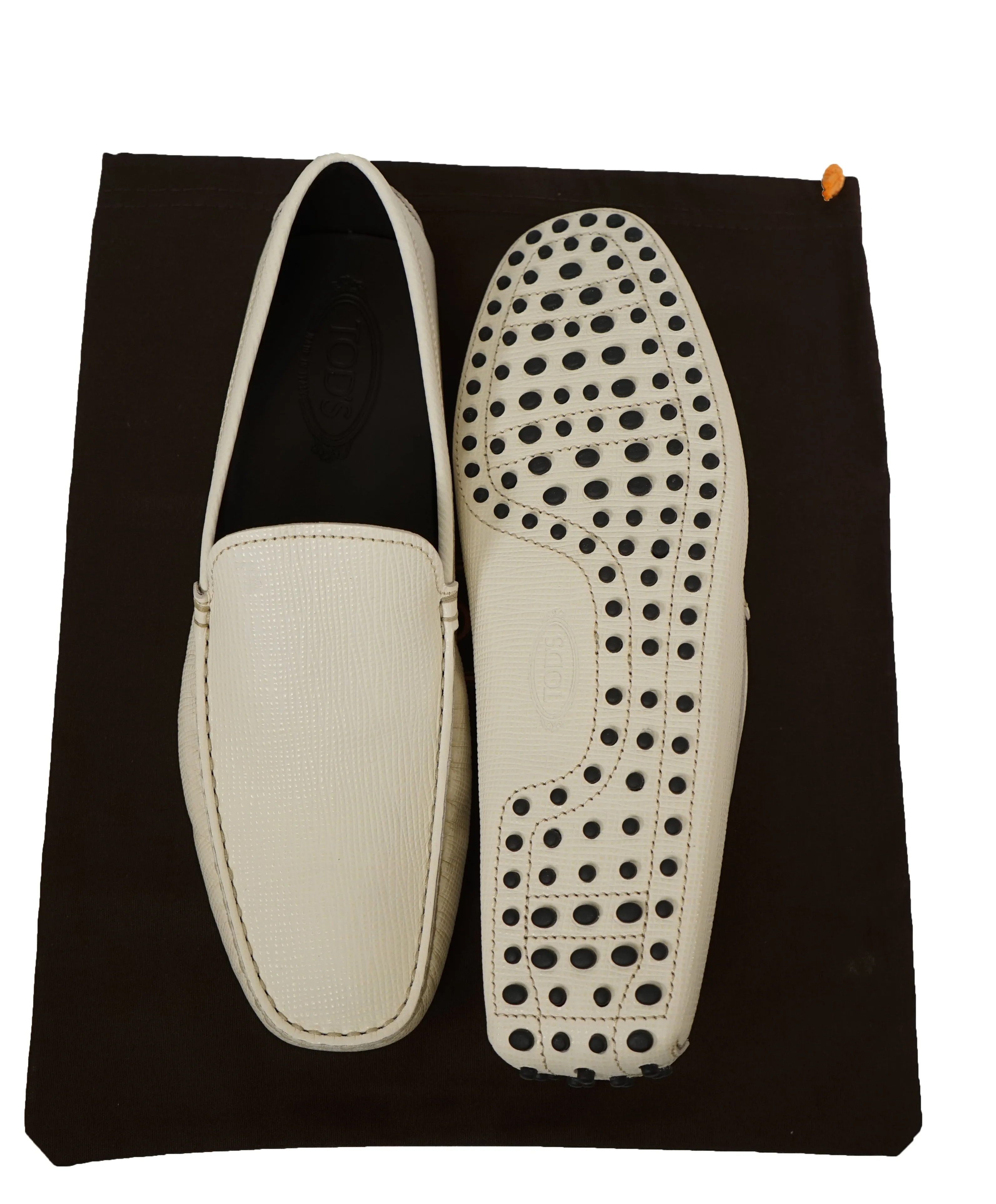 TOD’S - Off White Textured Logo Vamp Leather “Gommini” Loafers- 11.5