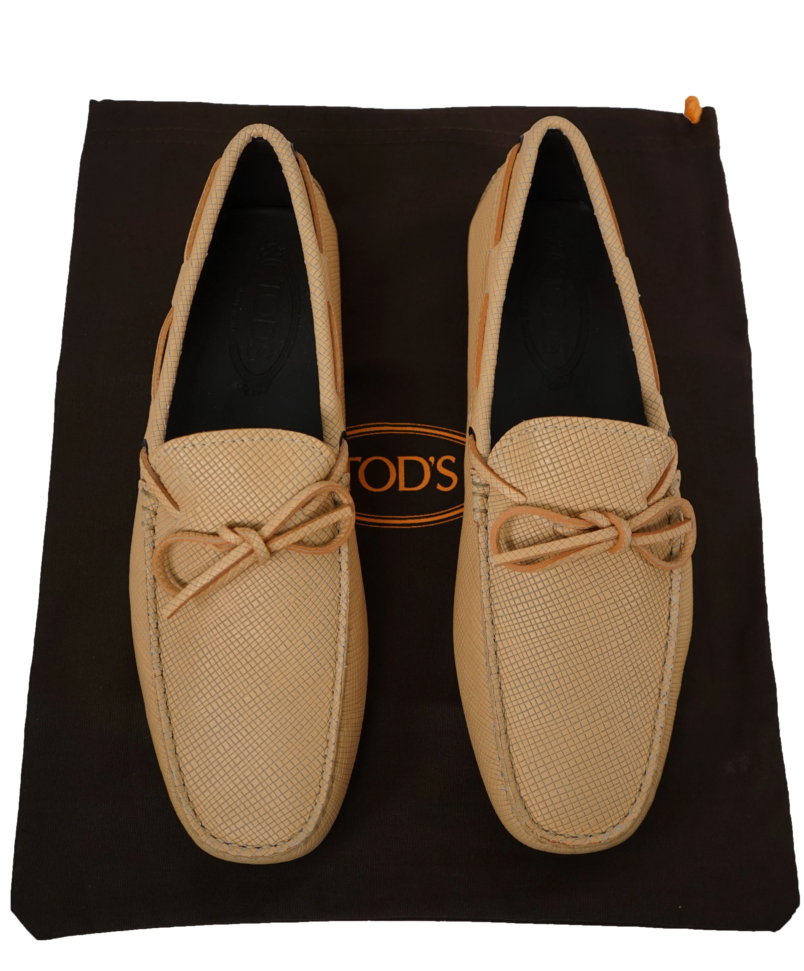 TOD’S - Peach Textured Knot Front Logo Leather “Laccetto Gommini” Loafers- 9.5