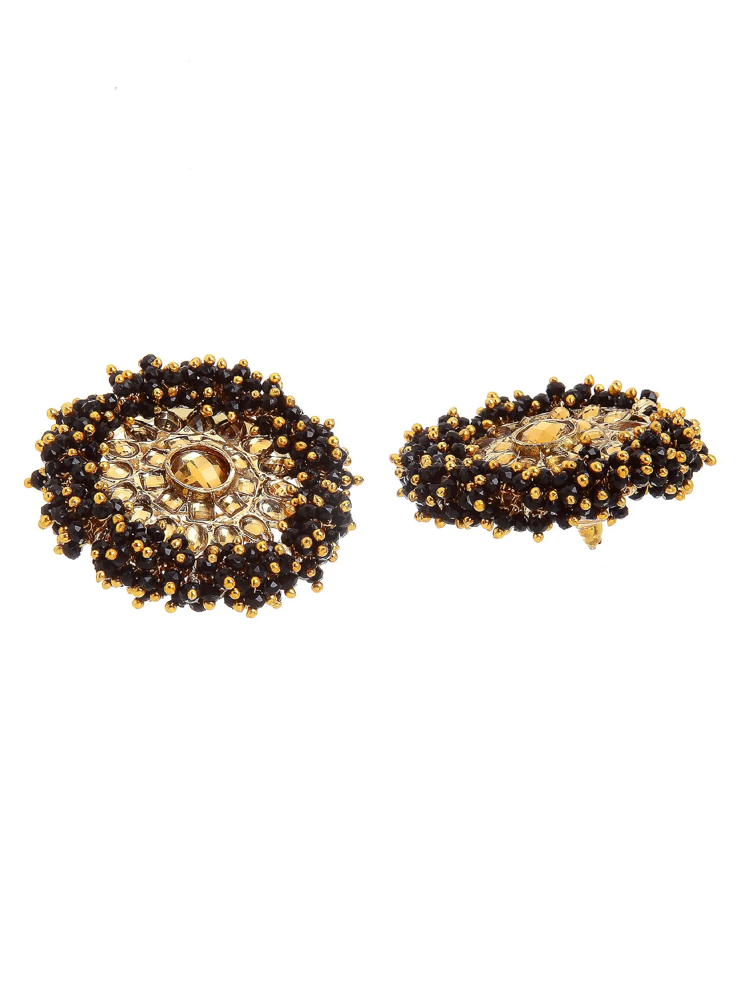 Traditional Black Crystal Studded Gold Plated Kundan Stud Earrings