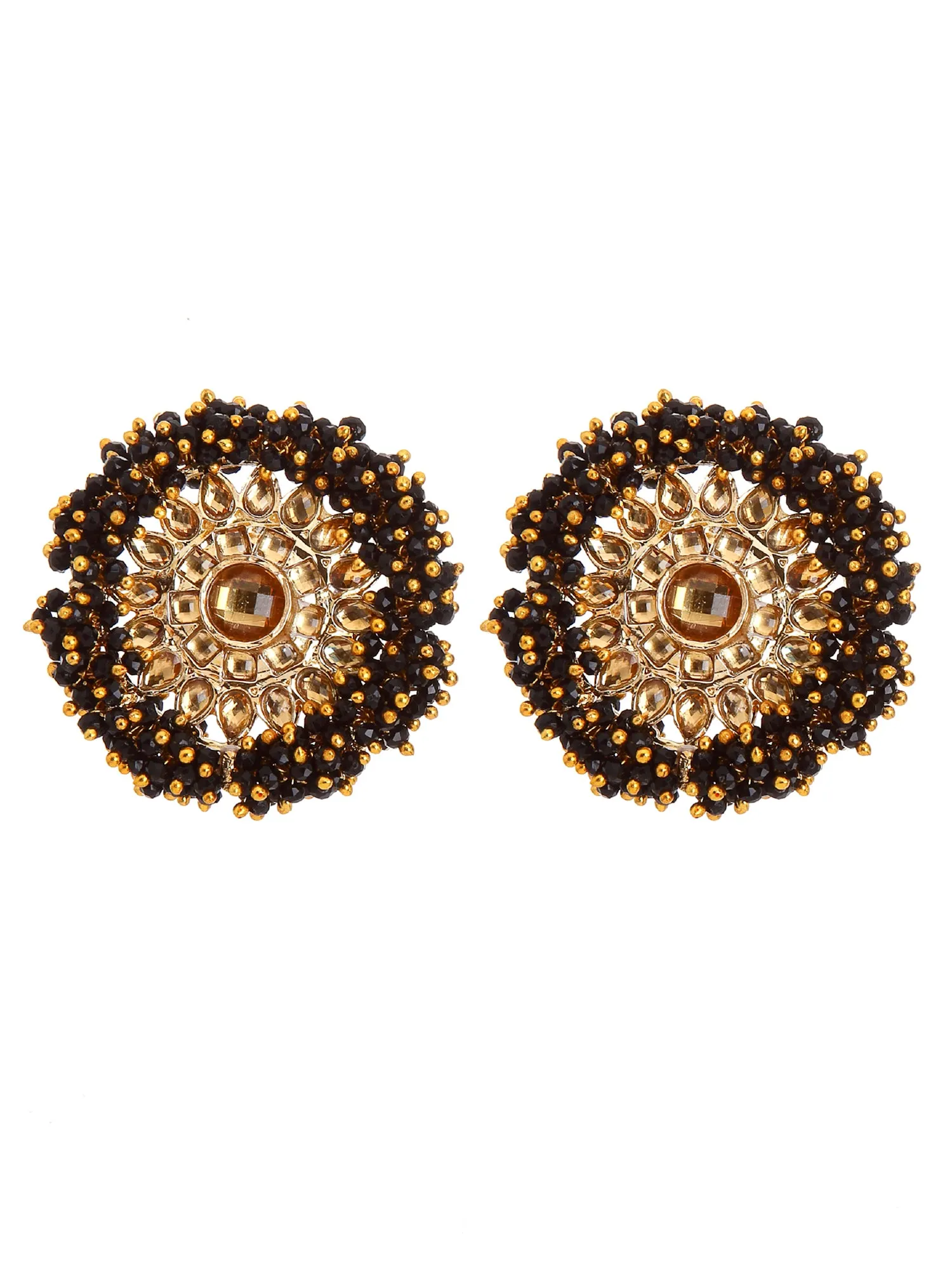 Traditional Black Crystal Studded Gold Plated Kundan Stud Earrings