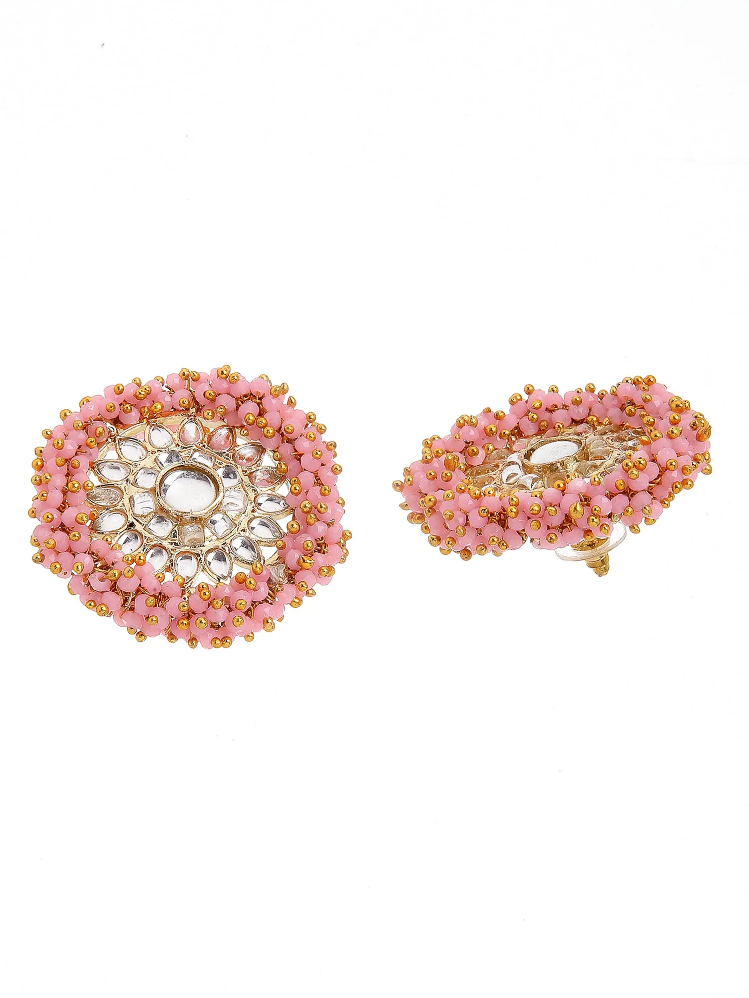 Traditional Pink Crystal Studded Gold Plated Kundan Stud Earrings