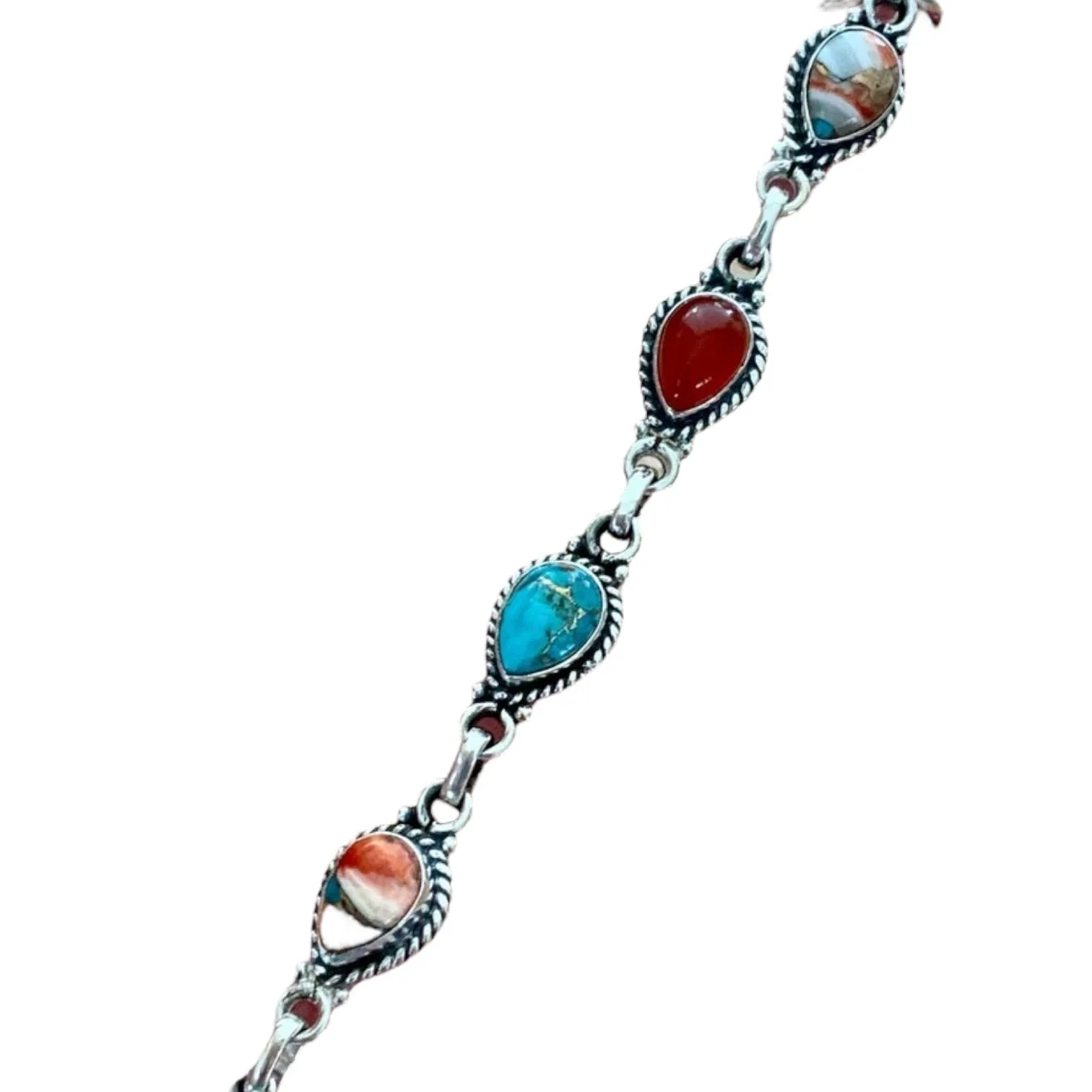 Turquoise, Oyster & Carnelian Solid 925 Sterling Silver Bracelet