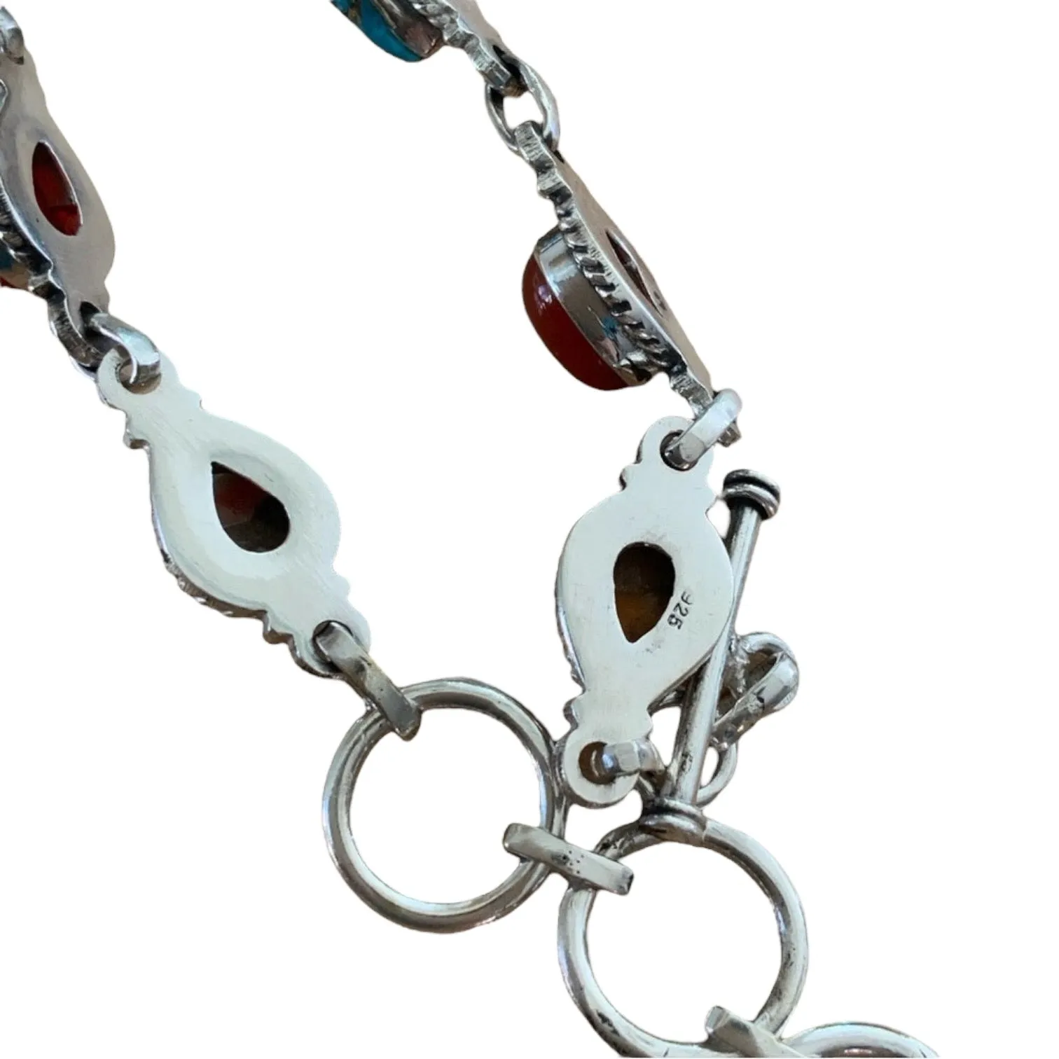 Turquoise, Oyster & Carnelian Solid 925 Sterling Silver Bracelet