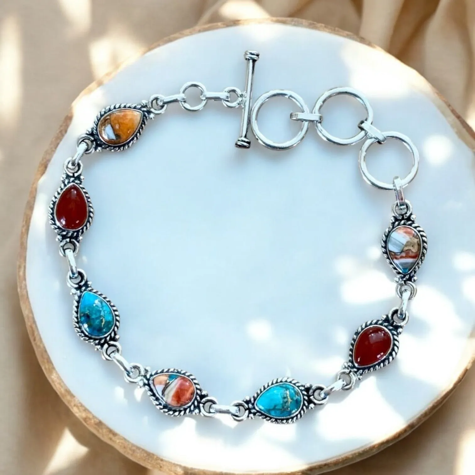 Turquoise, Oyster & Carnelian Solid 925 Sterling Silver Bracelet