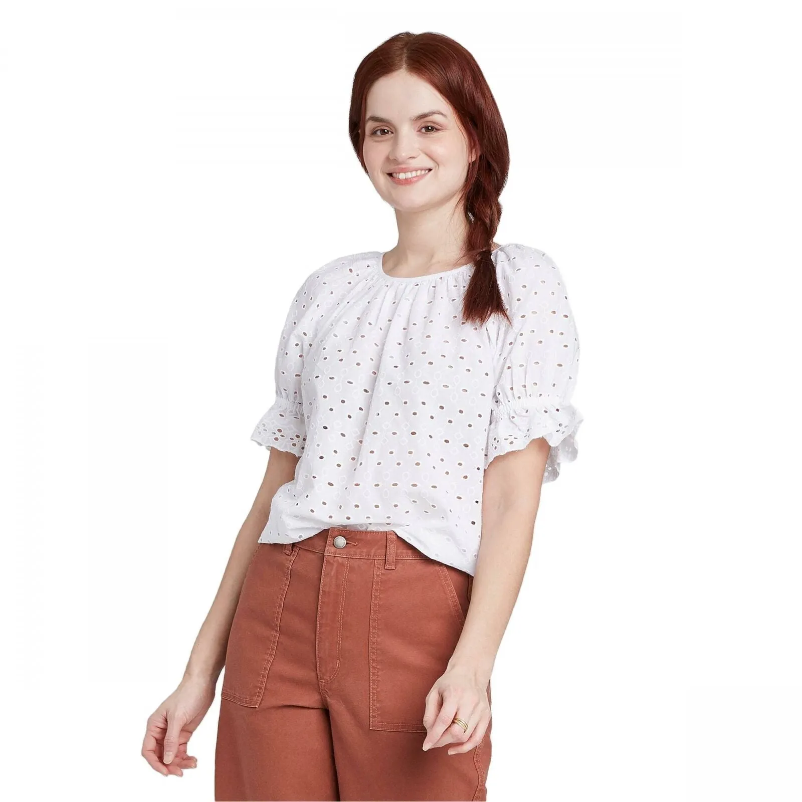 Universal Thread Women's Short Sleeve Round Neck Eyelet Top