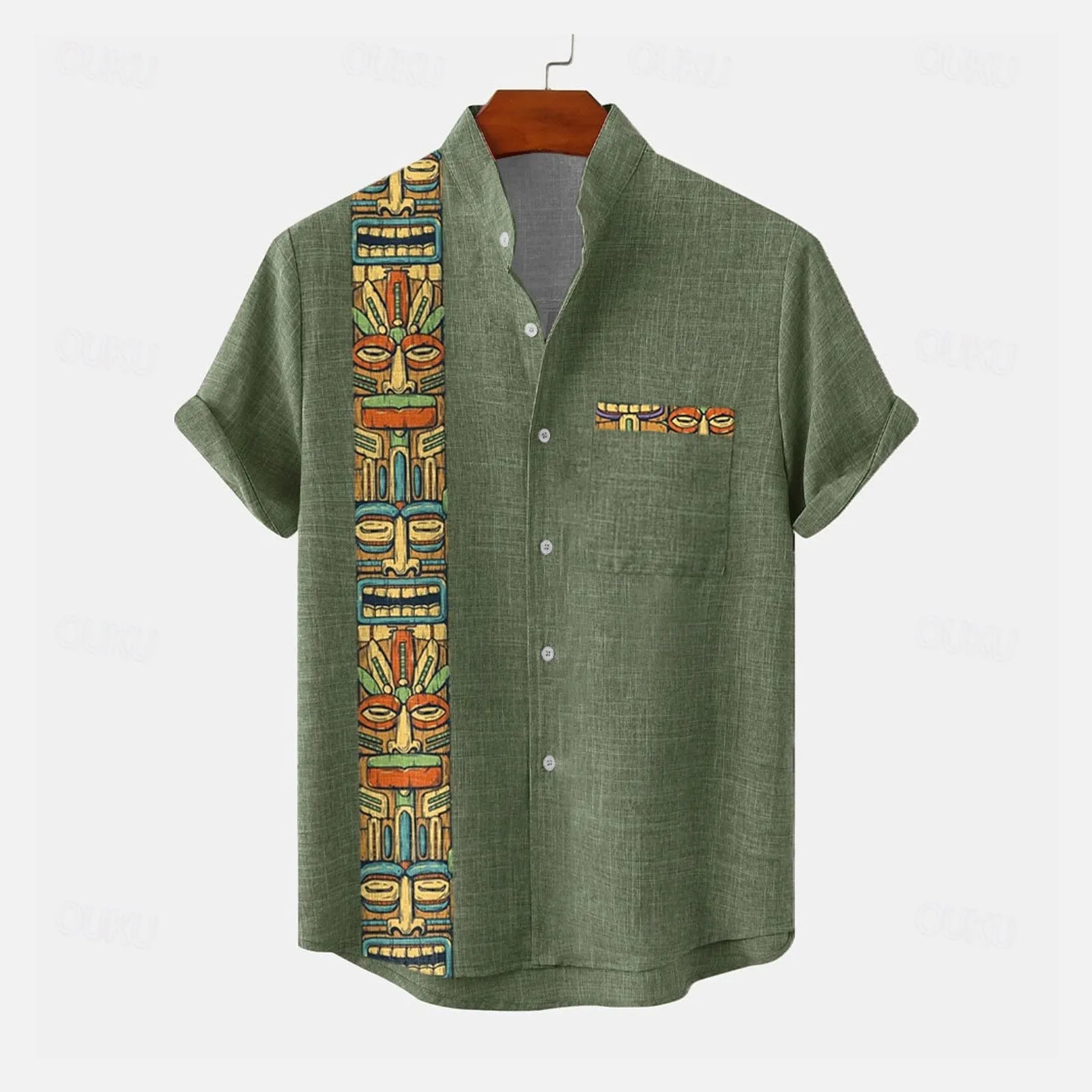 Vintage Casual Tribal Mens Button-Down Stand Collar Shirt